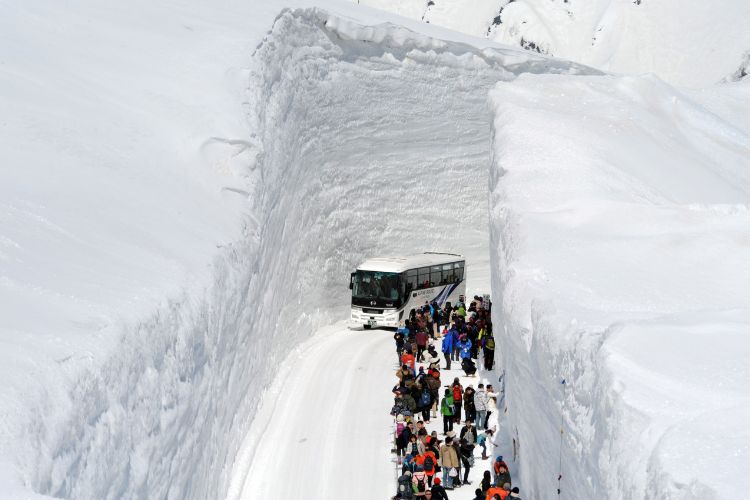 A bus makes its way through the snow bank. 