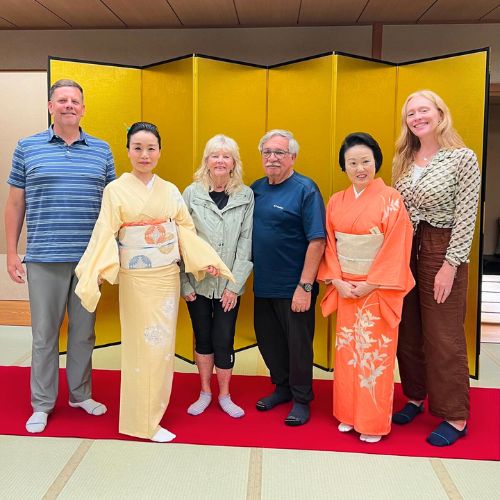 Author, Carol Bowman,husband Ernie , son and daughter-in-law having special meeting with geisha in Hakone