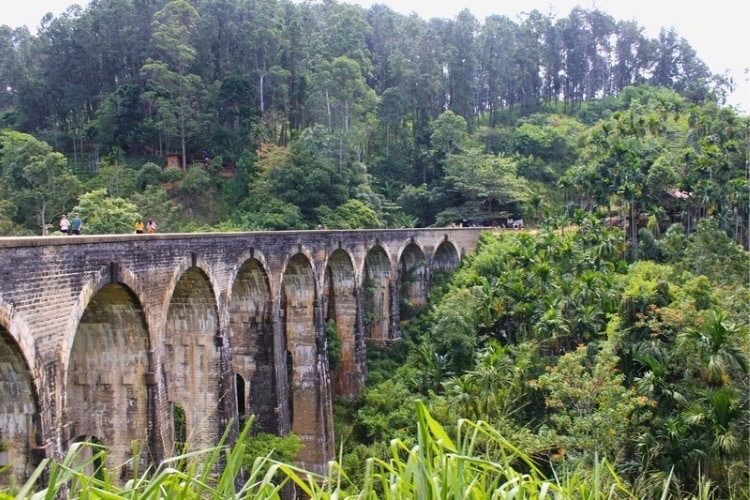 A stone bridge with nine arches surrounded by lush greenery